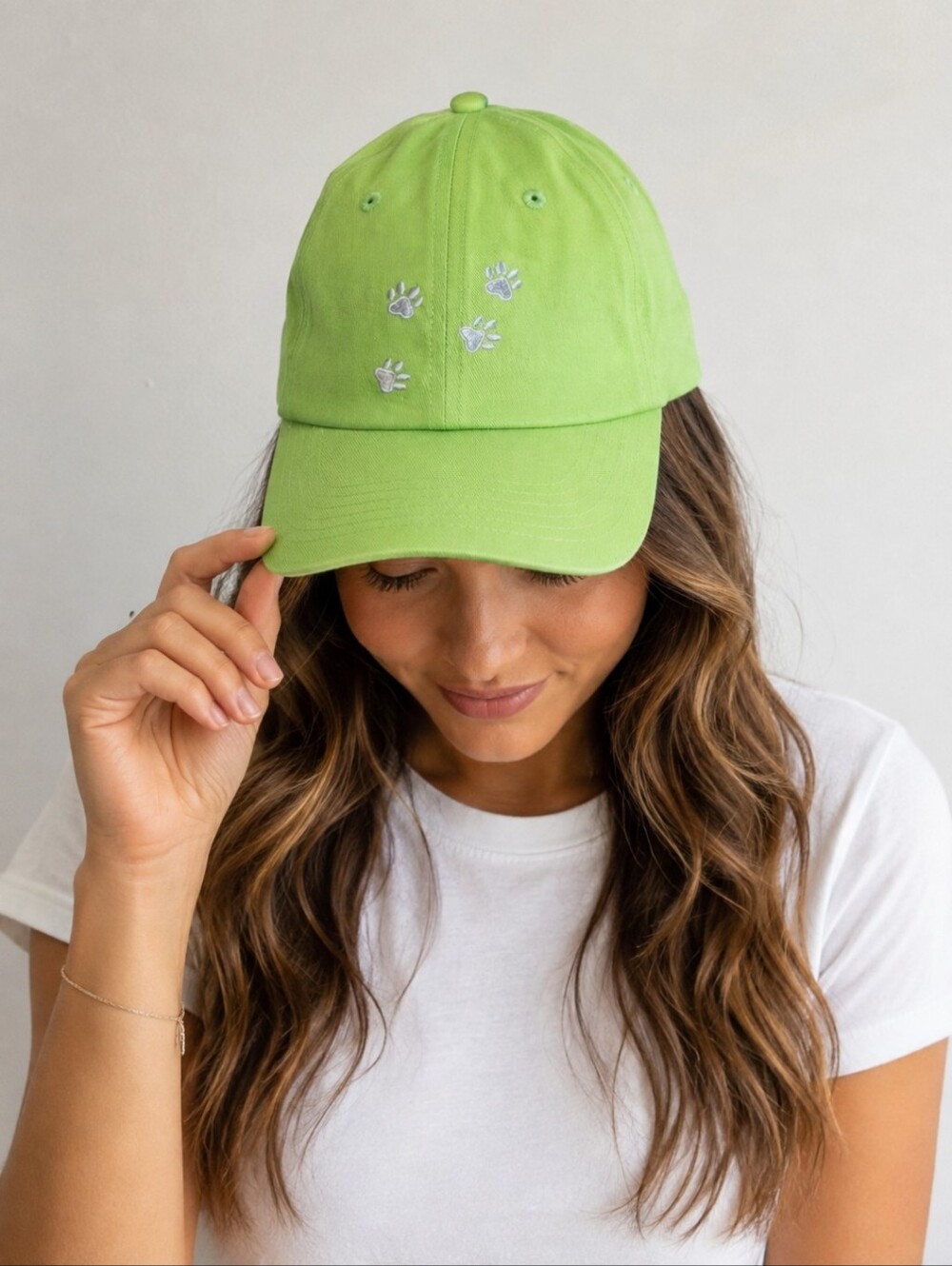 Lime Green Paw Print Embroidered Baseball Cap Hat | Adjustable Velcro Strap